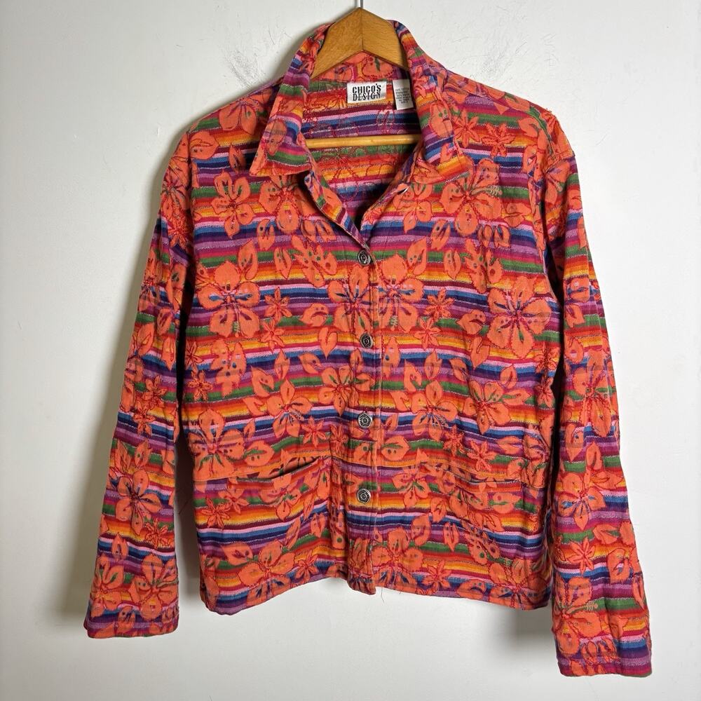 VTG Chico's Design Artsy Embroidered Bright Hawaiian Floral Jacket Sz Chico's 2